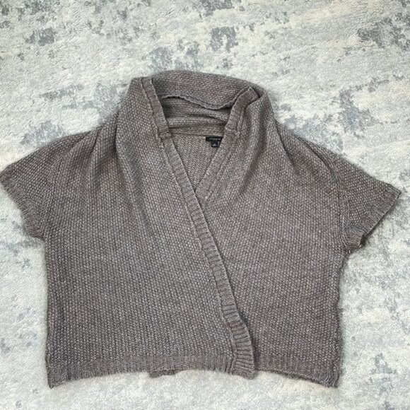 Ann Taylor Knit Cardigan Soft Alpaca Wool Open Front Short Sleeve Neutral Taupe - Picture 3 of 9